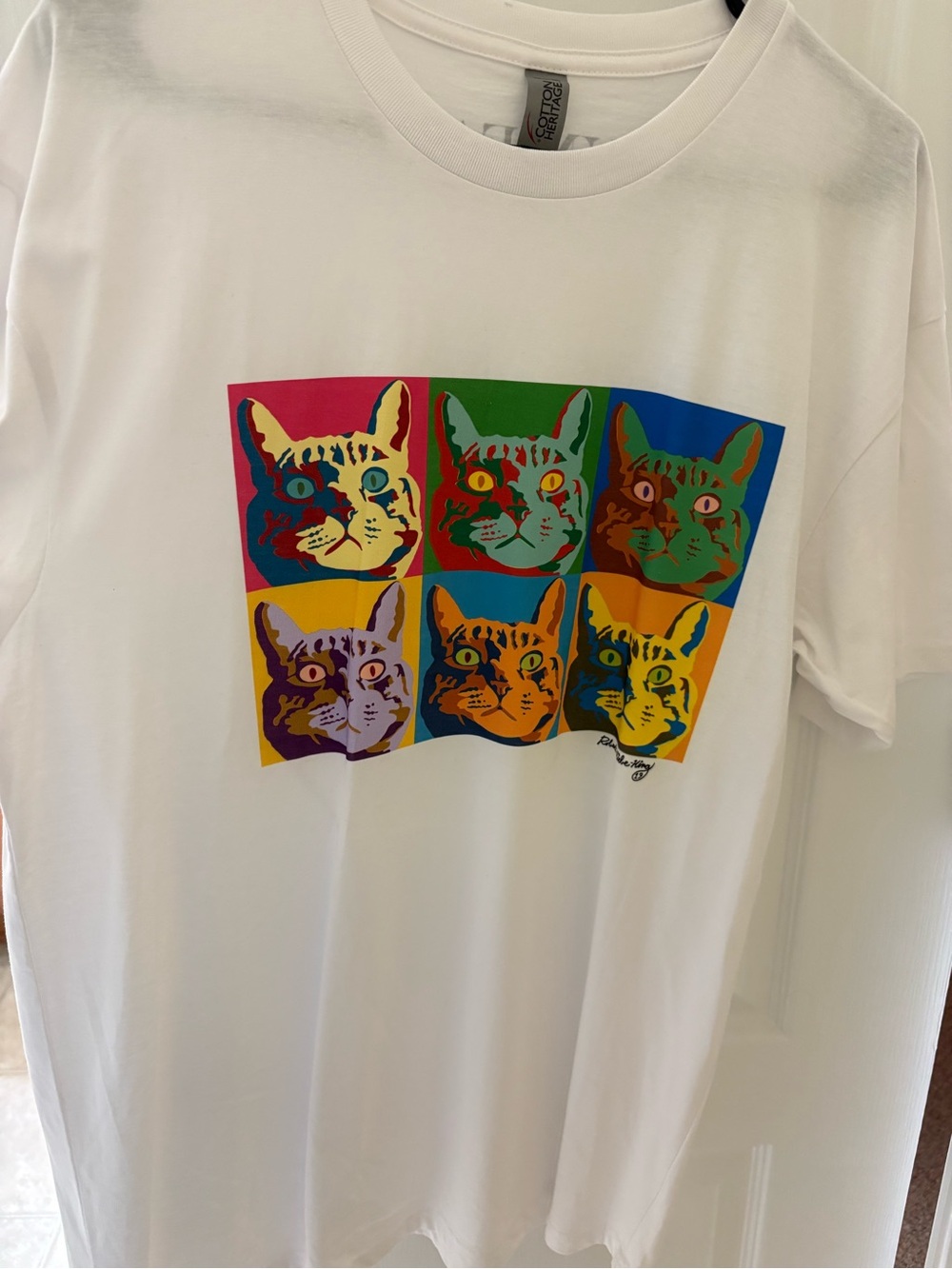 Heritage White Tee with Multicolor Pop-Art Cat Grid